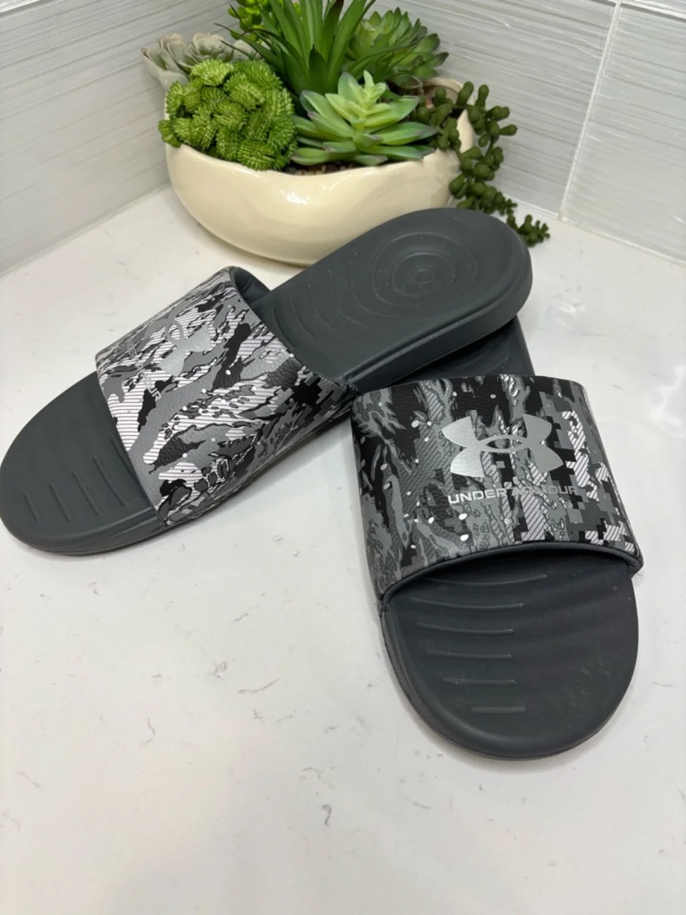 Under Armour Ansa Size 12 Graphic Slides Gray Camo Off Court Slip On Flats Shoes